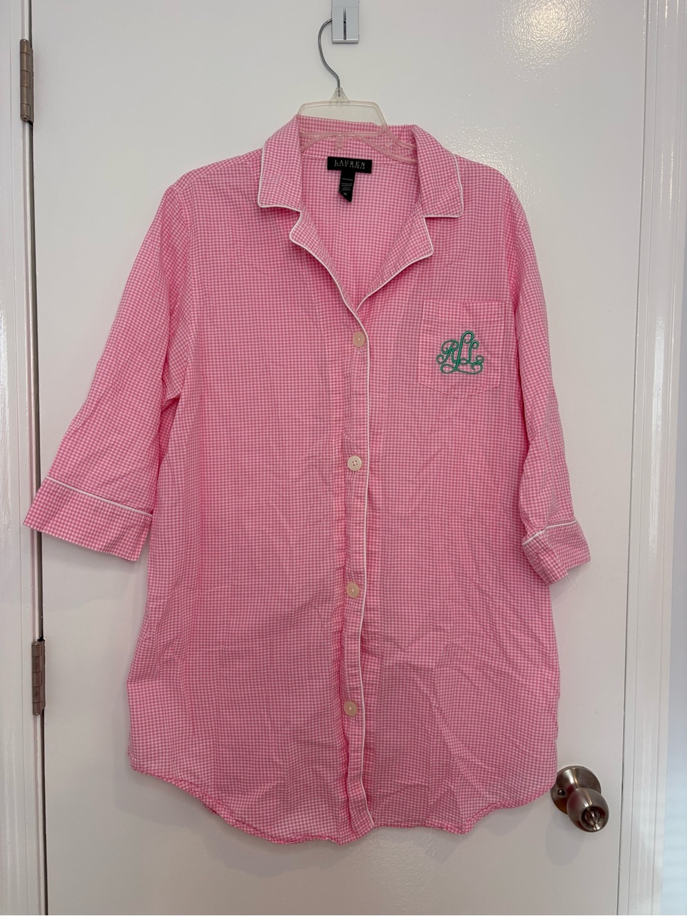 Lauren Ralph Lauren pink & white gingham button front cotton sleepshirt XL